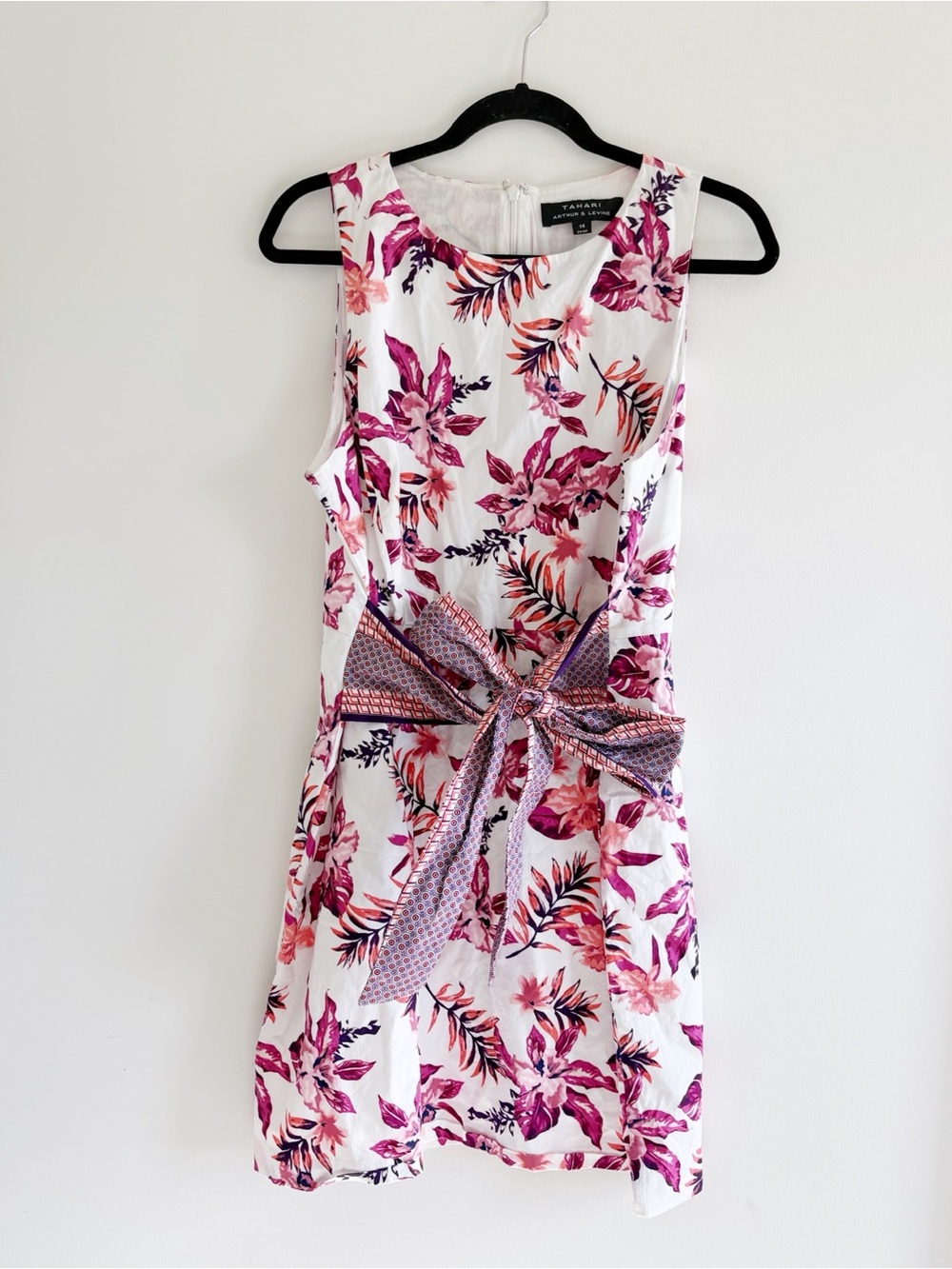 Tahari White Floral Tie-Waist Sleeveless Mini Dress - Pink size 14